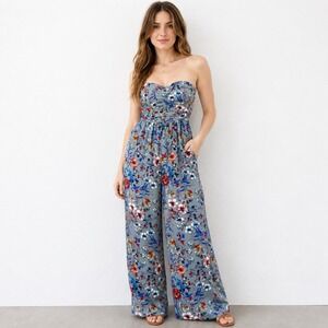 Band Of Gypsies Women's Sz L Strapless Floral Wide Leg Jumpsuit Sweetheart Boho